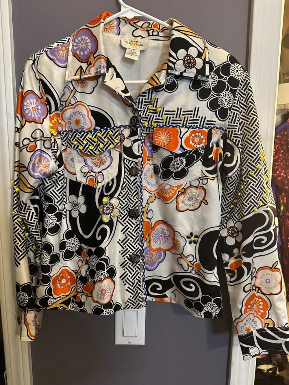 Sandy Starkman Women's Floral Print Button-Down Shirt - Black, White & Orange